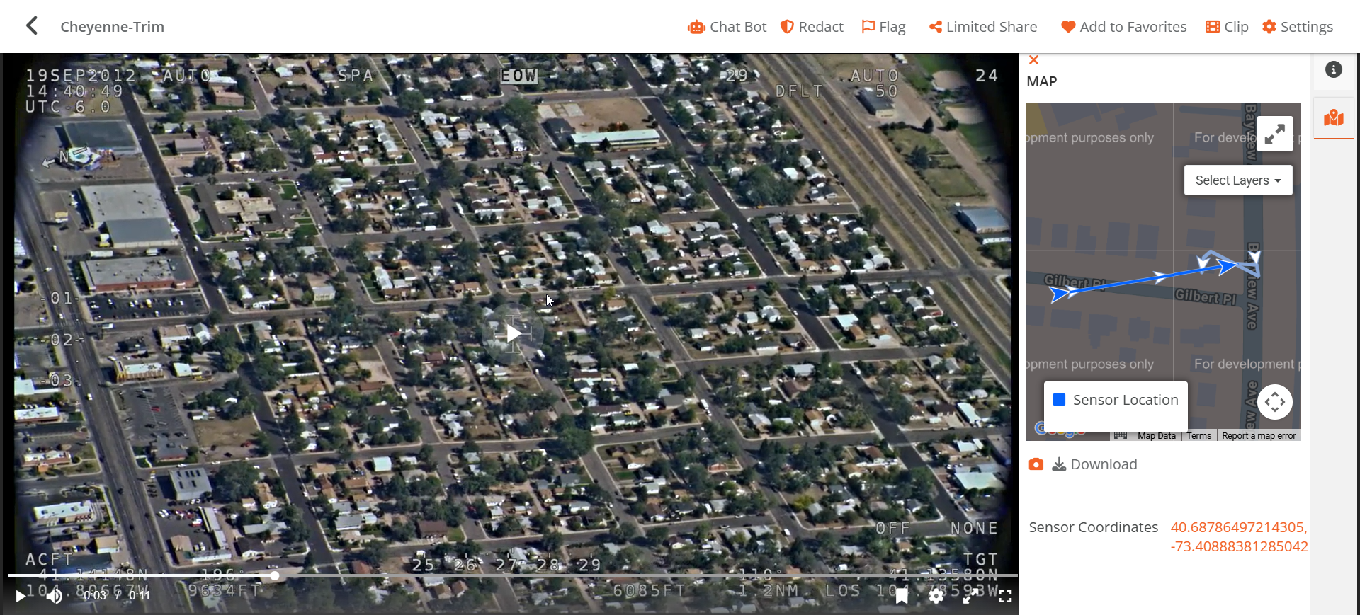 Playback page showing the Map tab with extracted KLV geospatial data