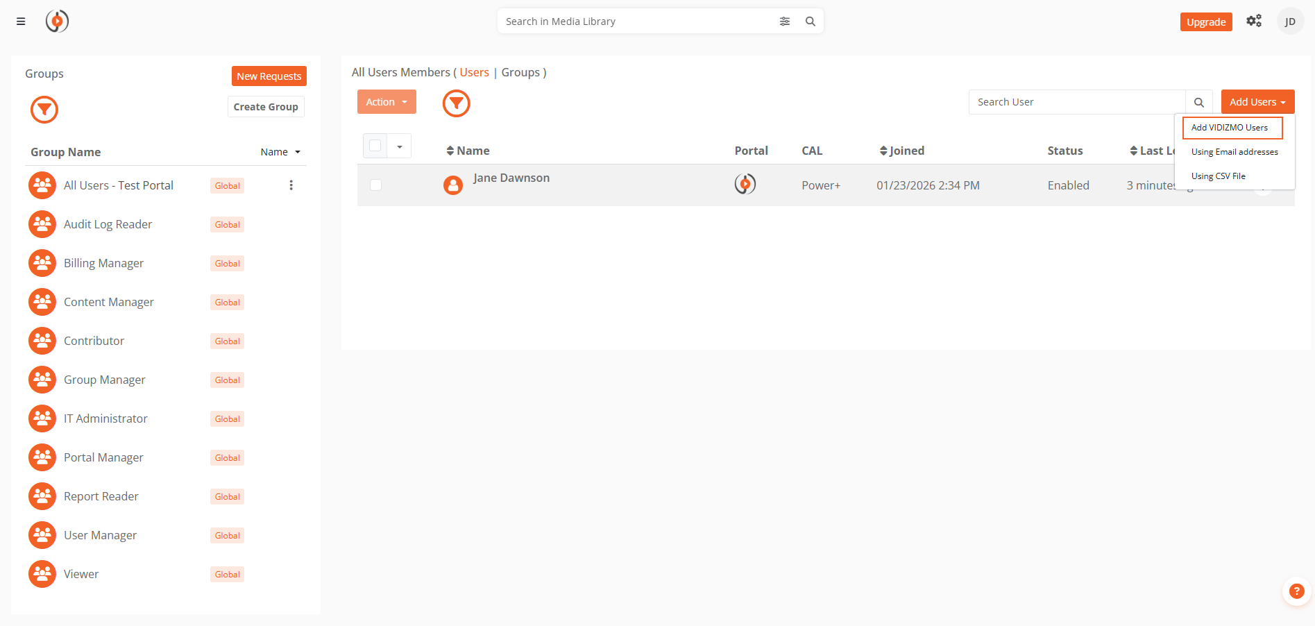 Add Users dropdown showing account name option