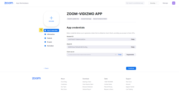 App Credentials page showing Account ID, Client ID, and Client Secret