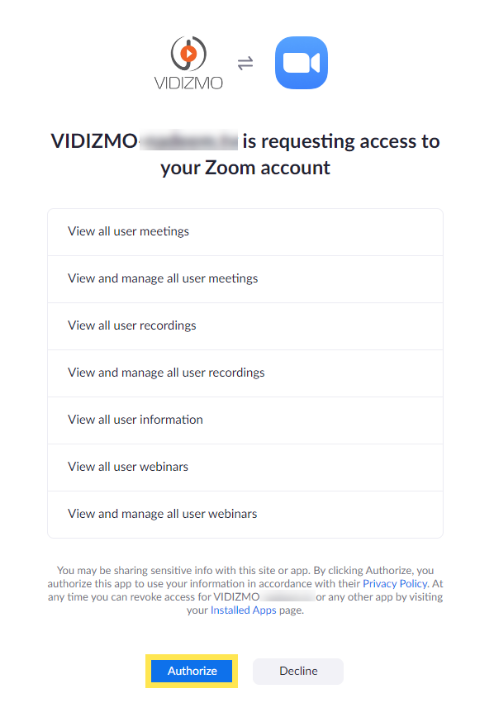 VIDIZMO requesting access to your Zoom account with permissions listed