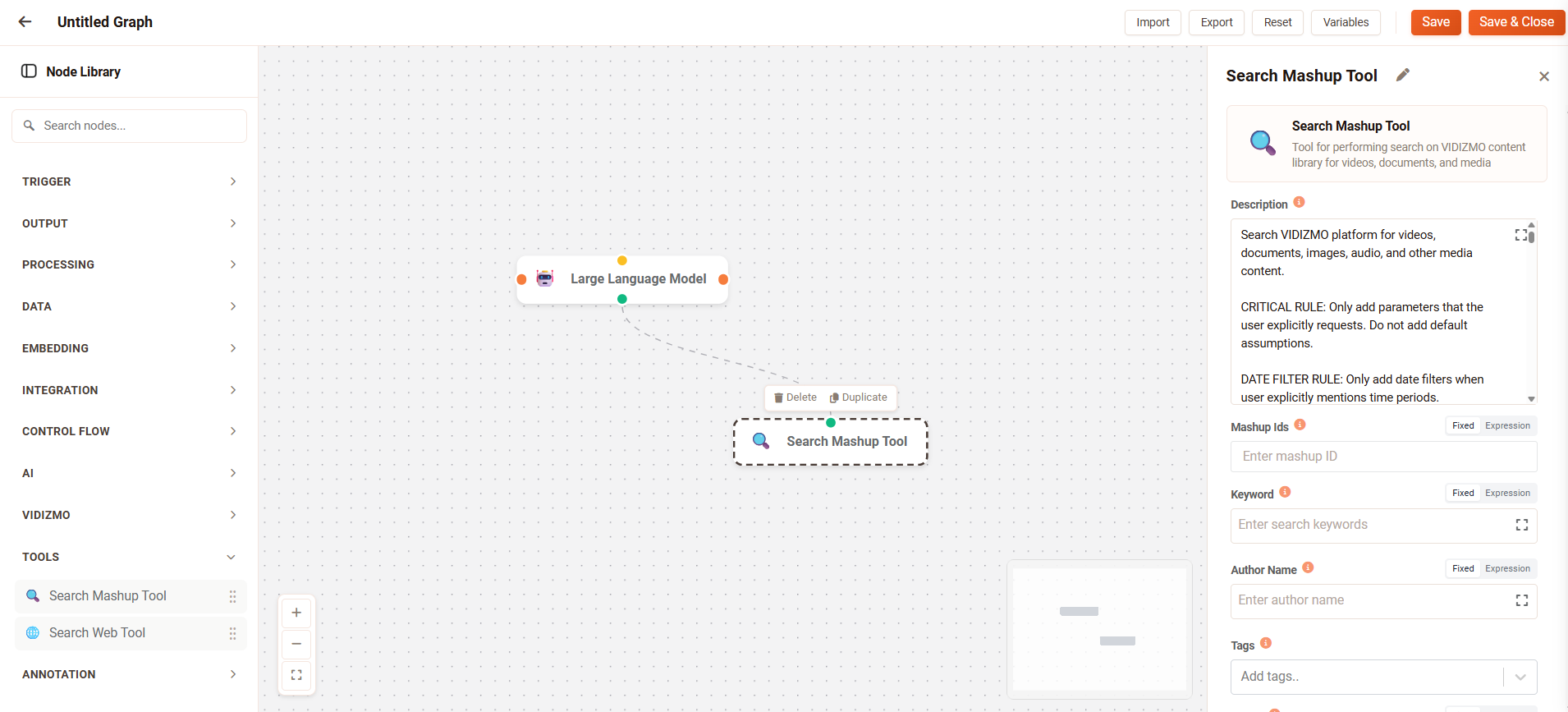 Connecting Search Mashup to an LLM node using the green connector