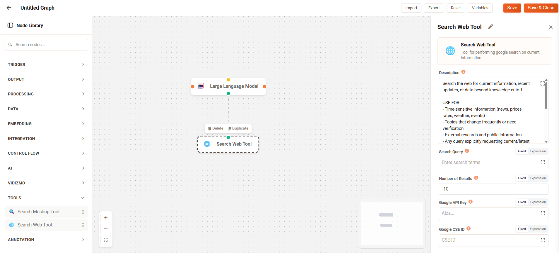 Connecting Search Web to an LLM node using the green connector